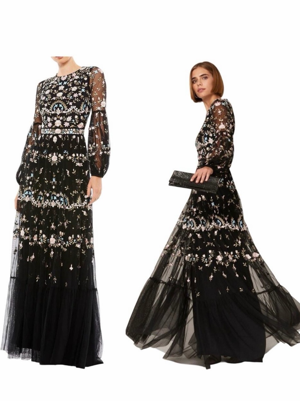 Mac Duggal Black Floral Embroidered Long Sleeve Dress Size 4R
